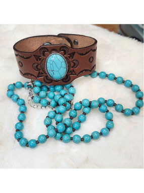 Plunder leather Bracelet Matching Necklace Turquoise color beaded Jewelry